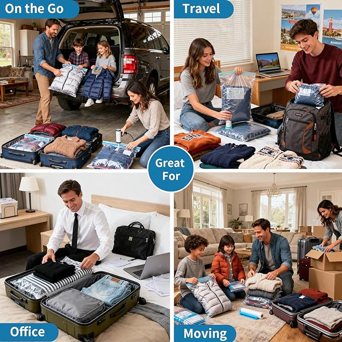 Vacuum Seal Bags for Clothing Travel, Large Space Saver Storage Bags (15 Pack) - Thickened Waterproof Compression Packing Cubes for Luggage, Mattress & Blanket Storage, Hand Pump Included