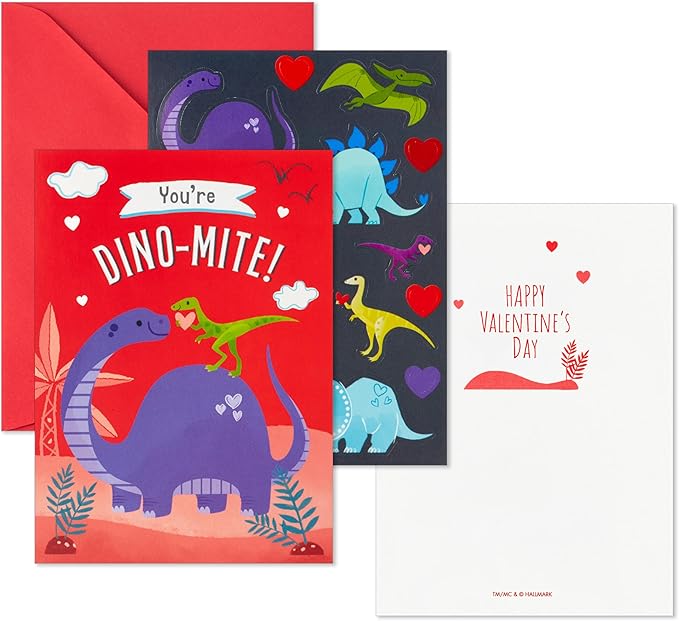 Hallmark Valentine's Day Cards and Stickers for Kids School, Dinosaur (24 Classroom Valentines with Envelopes)