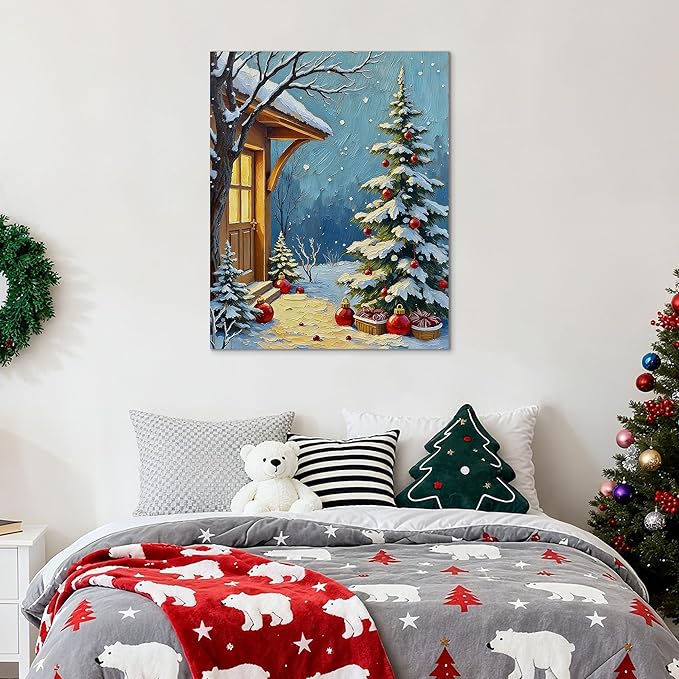 Framed Christmas Pictures Wall Decor,Vintage Pine Tree Prints,Winter Christmas Canvas Wall Art Decoration for Bedroom Bathroom Living Room Rustic Xmas Holiday Gifts (Christmas Tree 21, 12'' X 16'')