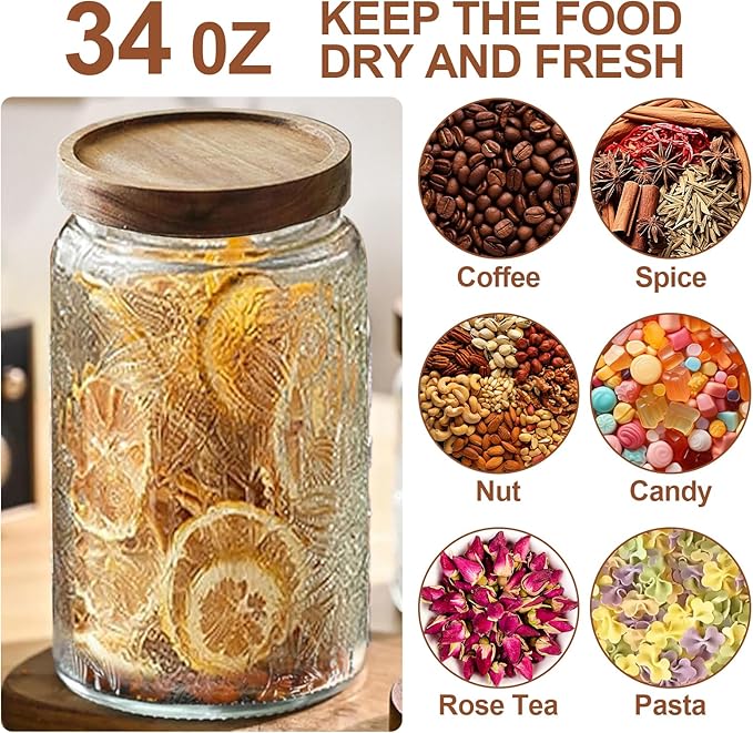 4-Pack 24 OZ Vintage Glass Jar with Lid, Airtight Food Storage Canisters with Bamboo for Kitchen Counter Pantry, Ideal for Coffee, Candy, Tea, Oats, Sugar, Cookies Decorative Jars