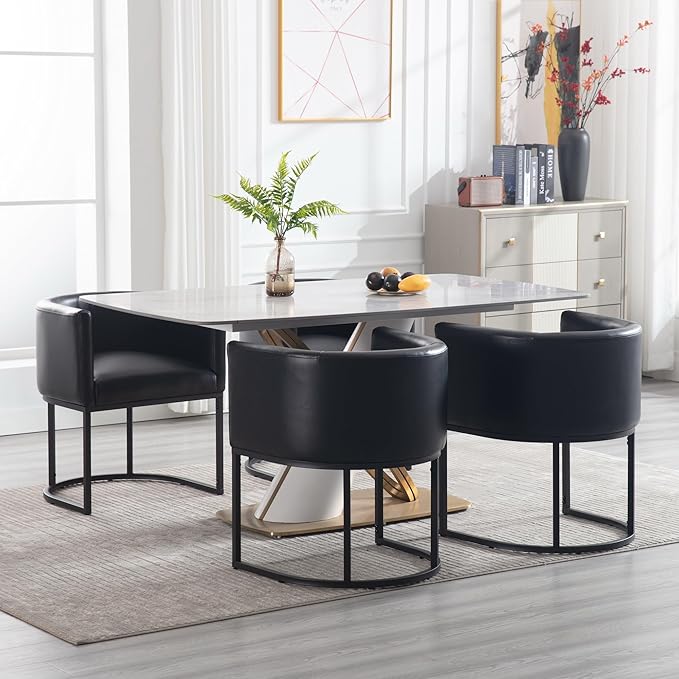 Faux Leather Dining Chairs Set of 3 Modern Barrel Arm Chairs with Black Metal Frame, Upholstered Kitchen Chairs 18.5" Wide Accent Chair for Living Room Dining Room Restaurant, Black