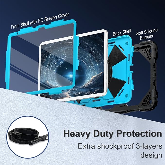 Scnioy Case for iPad (A16) 11th Generation 11 Inch (2025) / iPad 10th Generation Case 10.9 Inch (2022) with 360° Rotating Stand Screen Protector Pen Holder Shoulder Strap Black