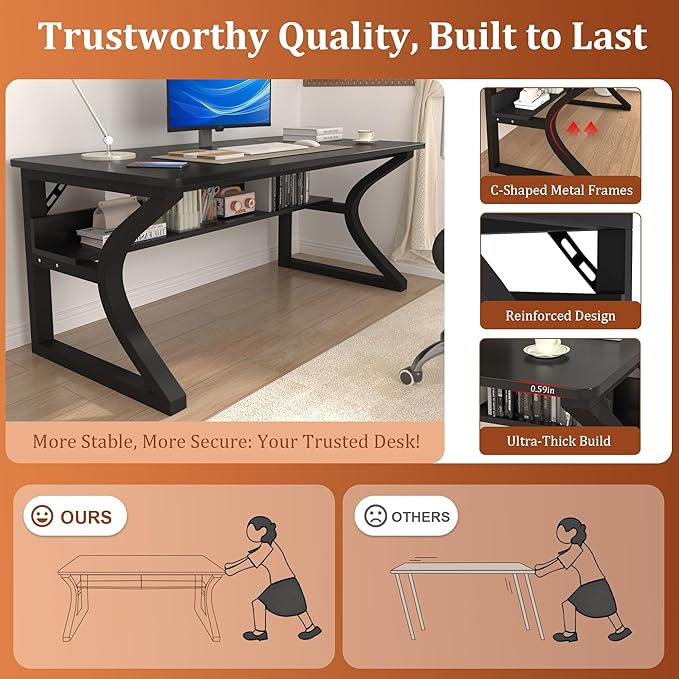 AZN Computer Desk, 47'' Computer Desk, Home Office Desks w/Storage, Home Office Desks w/U-Size Metal Frame for Home Office Bedroom, Study Writing Work Table w/Water-Resistant, Scratchproof Surface