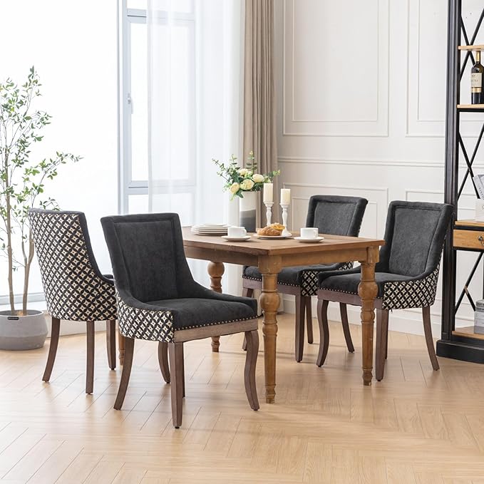 Farmhouse Dining Chairs Set of 2, Upholstered Fabric Dining Room Accent Chairs with Wood Legs & Bronze Nailhead, High Wingback Kitchen Chairs for Living Room Hotel Apartment, Black