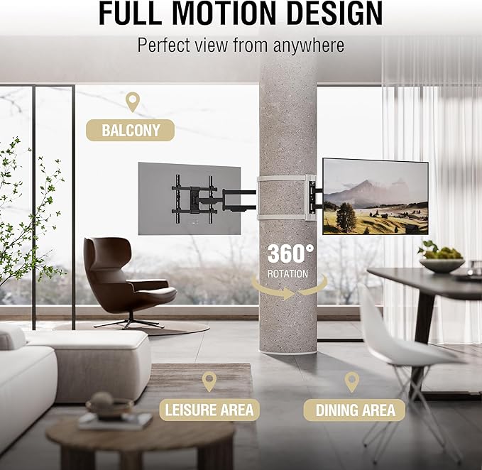 CondoMounts CLMTVA1044 Full Motion Large Pillar TV Mount | Column | Round & Square TV Post Mount | NO Drill | Holds 80lbs | Fits 32-in. to 70-in. TVs | Fits Pillars 8-in & Wider | White Strap
