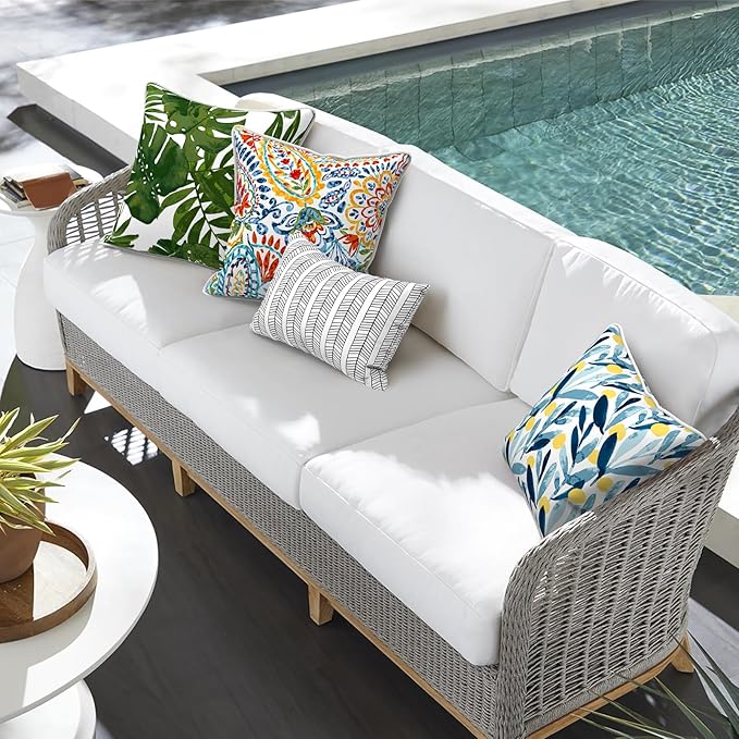 Outdoor Throw Pillow Covers Pack of 2, Decorative Water Repellent Square Pillow Cases with Piping 18x18 Inch, Patio Pillowcases for Home Patio Furniture Use, Leaves Multi