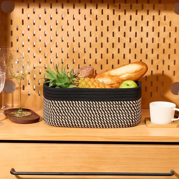 Small Storage Baskets for Organizing | Closet Organizer Bins | Shelf Toy Basket | Woven Rope Baskets | Cube Decorative Box | Shallow Basket | 13x8.5x5.1” | 3 Packs Black Brown