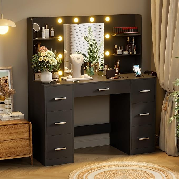 VICTONE Vanity Desk with LED Lighted Mirror&Power Outlet, 3 Model Lights Makeup Vanity Table with 7 Drawers and 6 Storage Shelves for Bedroom and Dressing Room (Black)