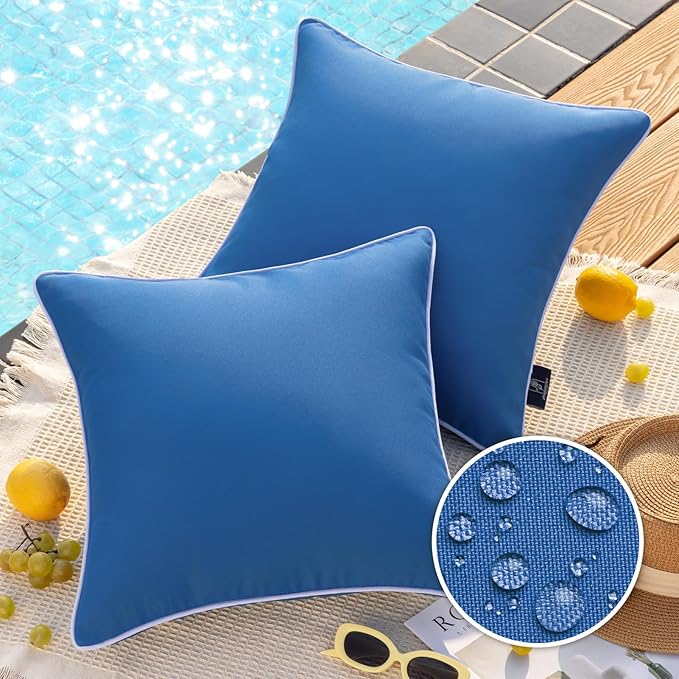 Phantoscope Pack of 2 Outdoor Waterproof Solid Throw Decorative Pillow Cover Decorative Square Outdoor Pillows Cushion Case Patio Pillows for Couch Tent Sunbrella, Blue 18x18 inches 45x45 cm