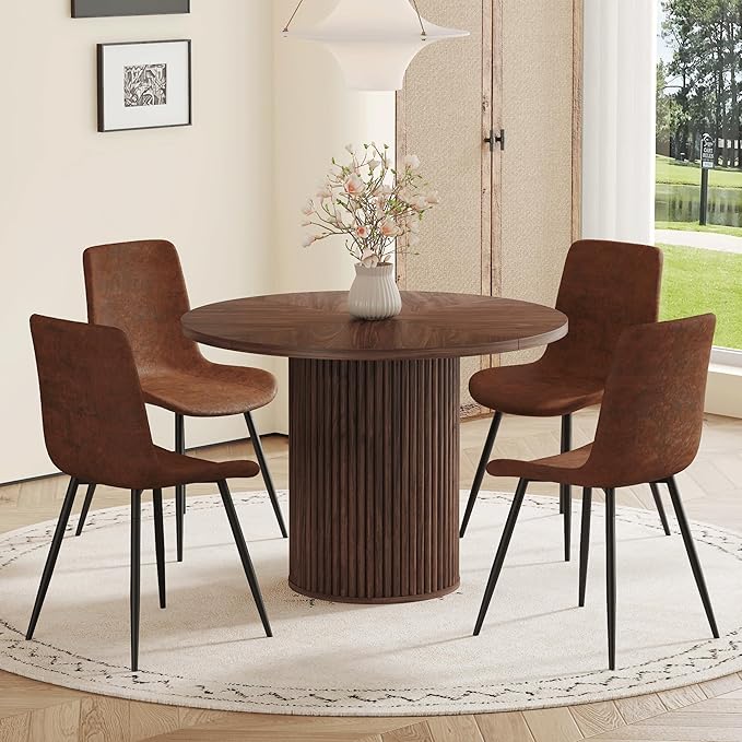 AZmac Round Dining Table Set for 4, Wooden Round Table 5-Piece with Modern Farmhouse Dining Table and 4 Suede Leather Chairs for Kitchen Dining Room, Walnut Table + 4 Saddle Brown Chairs