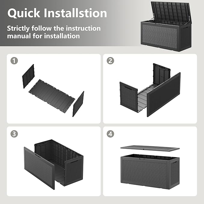 100 Gallon Resin Outdoor Storage Box,Waterproof Deck Box Lockable for Patio Furniture Cushions, Garden Tools, Heavy-Duty Double-Wall Structure with Gas Lift and Reinforced Seat Lid, Black
