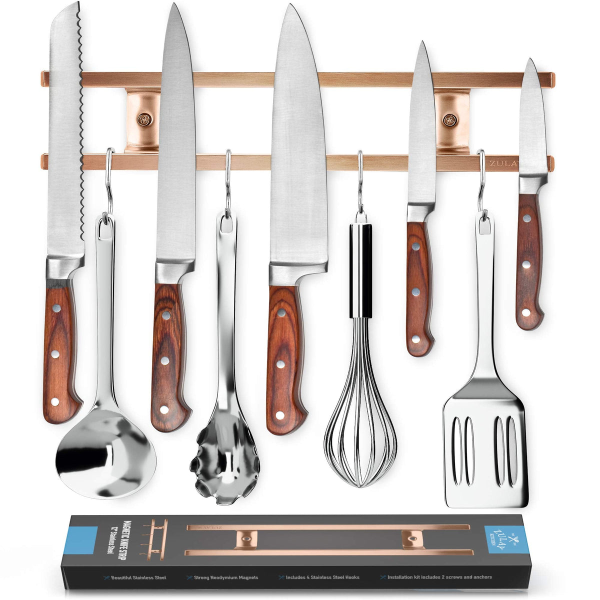 Zulay (12 Inch) Stainless Steel Magnetic Knife Holder For Wall - Powerful Knife Magnetic Strip With Extra Hanging Hooks - Wall Mount Magnetic Knife Strip & Organizer For Kitchen & Tools (Copper)