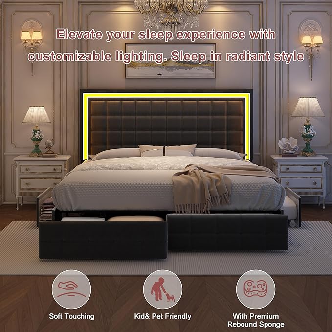 Queen Led Bed Frame with 4 Storage Drawers, Bed Frame with Led Lights No Box Spring Needed, 900 lbs Capacity, Easy Assembly, Sturdy Design, Velvet Grey