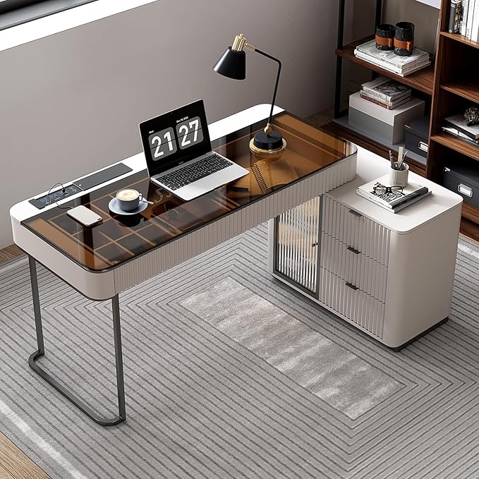 Lartis Office Desk, Very Easy to Assemble, Computer Desk, Home Telescopic Writing Desk, Modern Computer Desk with Retractable Cabinet Built-in LED Lights (Ivory, 50 in)