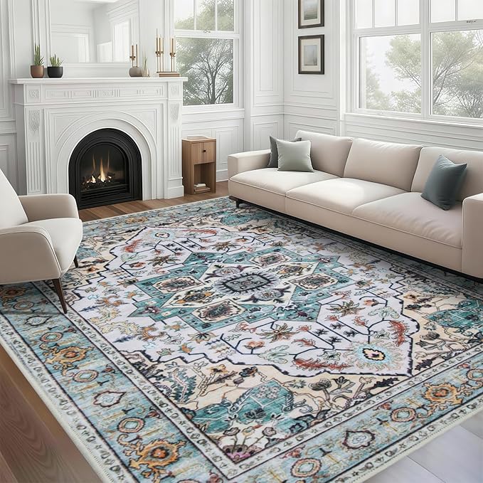 WILLSUN Washable Area Rugs, 9x12 Non-Slip Boho Large Area Rugs for Living Room, Bedroom, Machine Washable Vintage Rug, Indoor Floral Print Carpet for Home Decor, Kid & Pet Friendly Mat