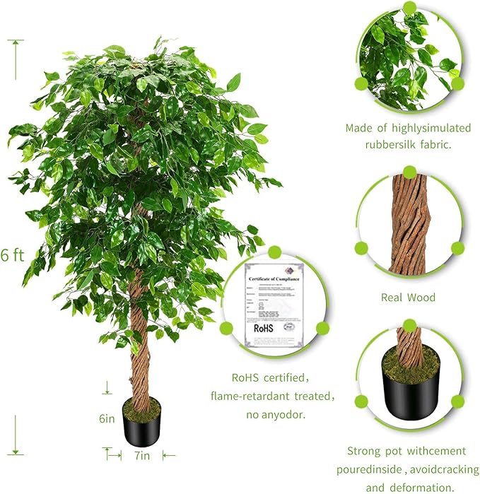 6ft Artificial Ficus Silk Tree (72in) with Plastic Nursery Pot Faux Tree, Fake Plant for Office House Farmhouse Living Room Home Decor (Indoor/Outdoor)
