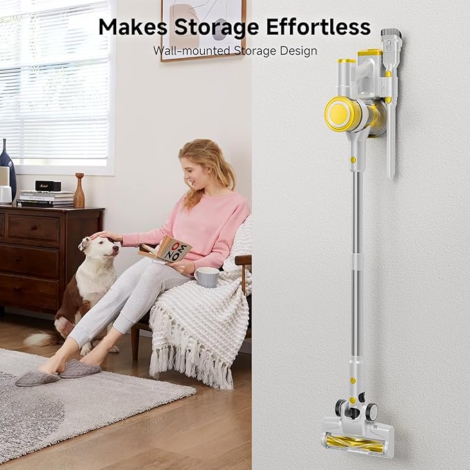 Cordless Vacuum Cleaner, 35Kpa Vacuum Cleaner for Home, 45Mins Stick Vacuum with LED Display, Anti-Tangle & Wall Mount Charging, 6 in 1 Lightweight Vacuum for Hard Floors, Carpet, Pet Hair (yellow)