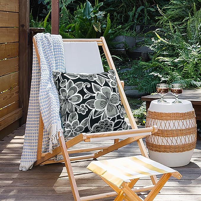 Outdoor Throw Pillow Covers 16x16 Inch, Square Patio Pillow Cases Pack of 2, Modern Decorative Back Cushion Covers for Patio Furniture Garden Couch Farmhouse,Flower Black