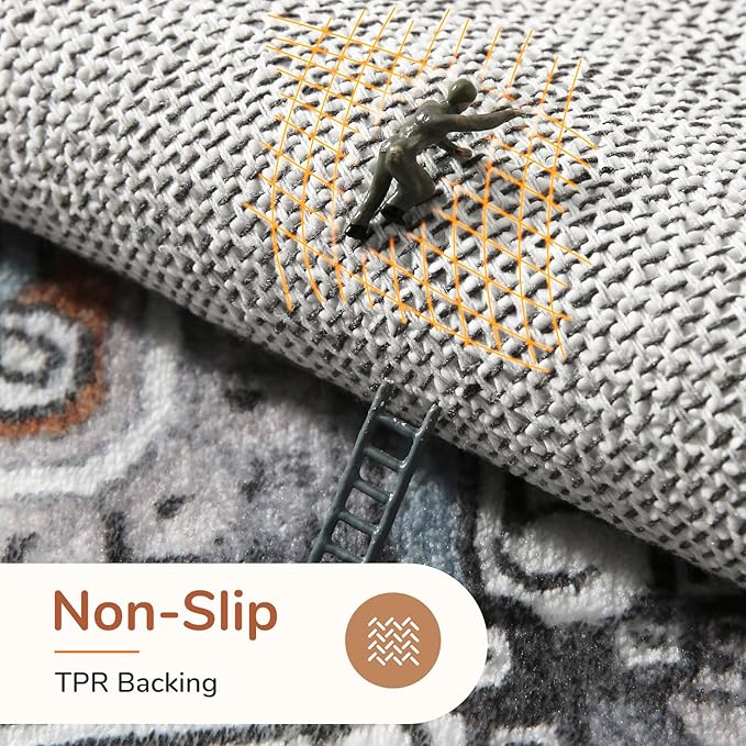 OPPODREAM Thin Area Rugs 9x12 Living Room, Washable Rugs 9x12 with Non Slip Backing, Faux Cashmere Low-Pile 9 x 12 Carpet, Grey & Teal & Yellow