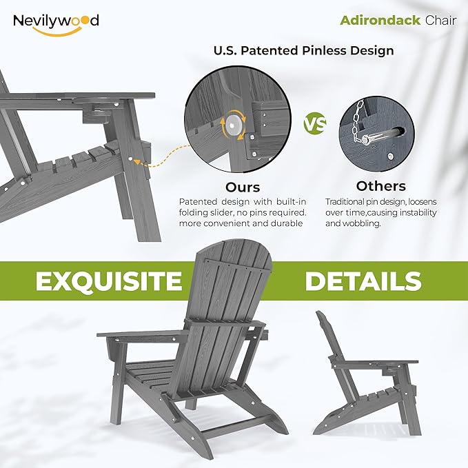nevilywood Folding Adirondack Chair - Extended Ergonomic Backrest, Cup Holder - Easy Assembly - Durable HDPE Plastic, Weather Resistant & Maintenance-Free - Lawn, Patio, Deck Supports 380lbs Grey