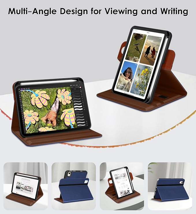 DTTO for iPad mini 7 A17 Pro 2024 aslo fit iPad mini 6 2021 Brown | 360 Degree Rotating Premium Faux Leather Folio Stand Cover with Pencil Holder Auto Sleep/Wake Multiple Angles Hand Strap