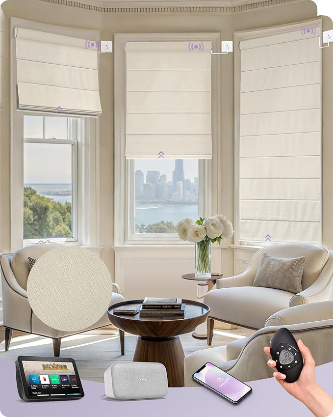 Graywind Smart Roman Shades Compatible with Alexa Google WiFi Hardwired Automatic Blind Remote Light Filtering Plain Fold Soft Roman Window Shades for Windows Doors, Custom Size (Matelasse Offwhite)