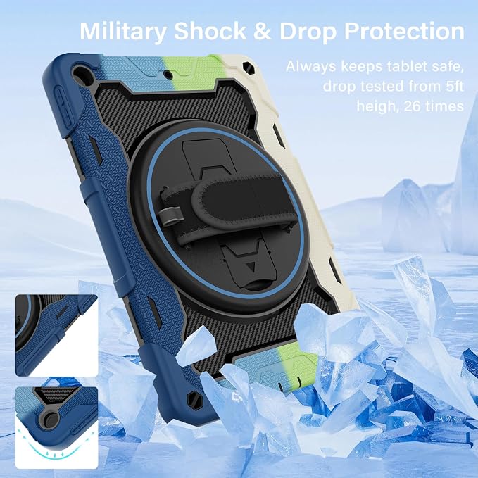 for iPad 9th 8th 7th Gen Case 10.2 inch with Screen Protector | 360° Rotating Kickstand Hand Strap Shoulder Strap Heavy Duty Military Grade - Kids Friendly