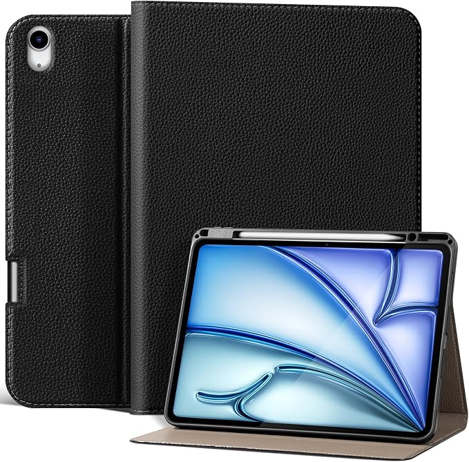 Leather Case for iPad Air 13 Inch M4/M3/M2 (2026/2025/2024) | Leather Protective Shockproof Smart CoverApple Pencil HolderAdjustable Stand - Auto Wake/SleepMultiple View AnglesBlack