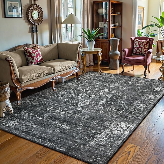 Lahome 6x9 Area Rugs Washable Rugs for Bedroom Large Black Area Rug for Bedroom,Soft Vintage Distressed Rug Non Slip Stain Resistant Indoor Carpet for Dining Decor