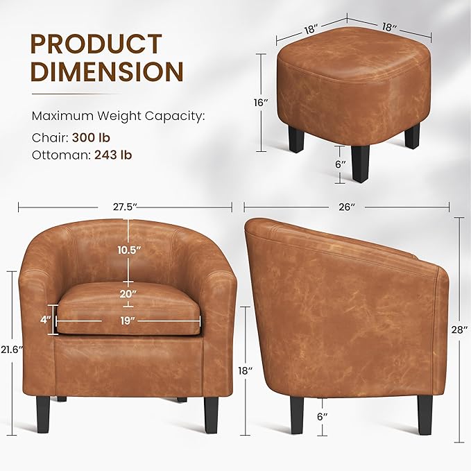 Yaheetech Accent Chair with Ottoman Foot Rest, PU Leather Mid Century Modern Upholstered Soft Barrel Chair Comfy Armchair and Footrest Set for Living Room/Bedroom/Reading Room, Brown, Set of 2