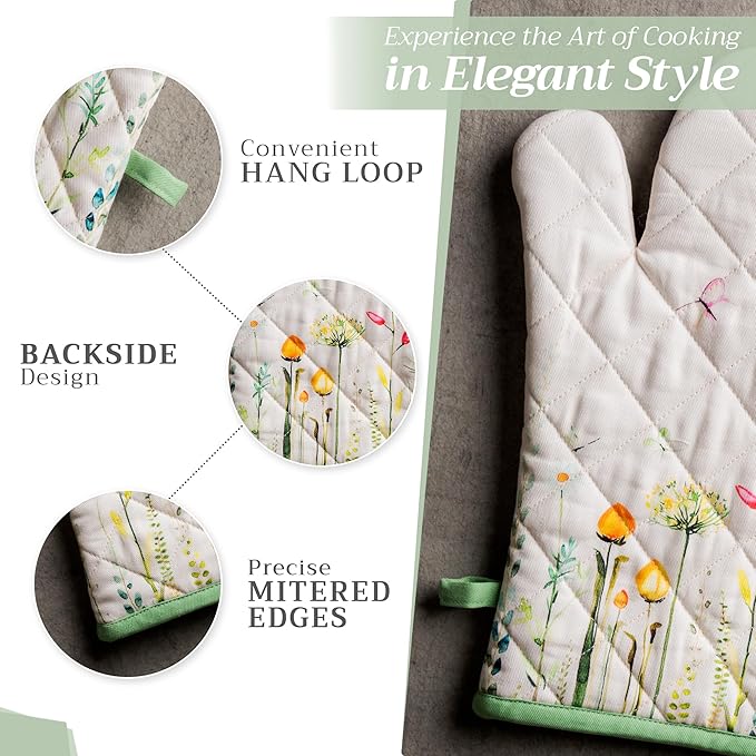Maison d' Hermine Oven Gloves 100% Cotton Oven Mitt 7" x 13" with Loop Heat Resistant, BBQ, Cooking Gloves, Baking, Grilling, Kitchen, Handling Hot Pans Spring/Summer (Pack of 1, Botanical Fresh)