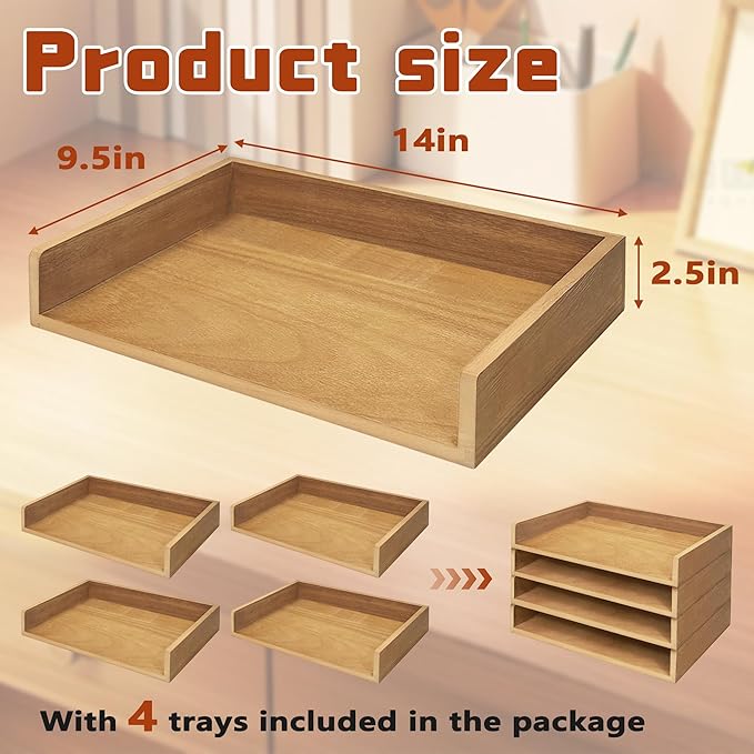 Prolee Stackable Paper Tray,Wooden Paper Organizer for Desk with 4 Letter Trays,Papers Holder and Office Document Organizer Shelf for Mail File Document(Oak,14" x 9.5" x 2.5")
