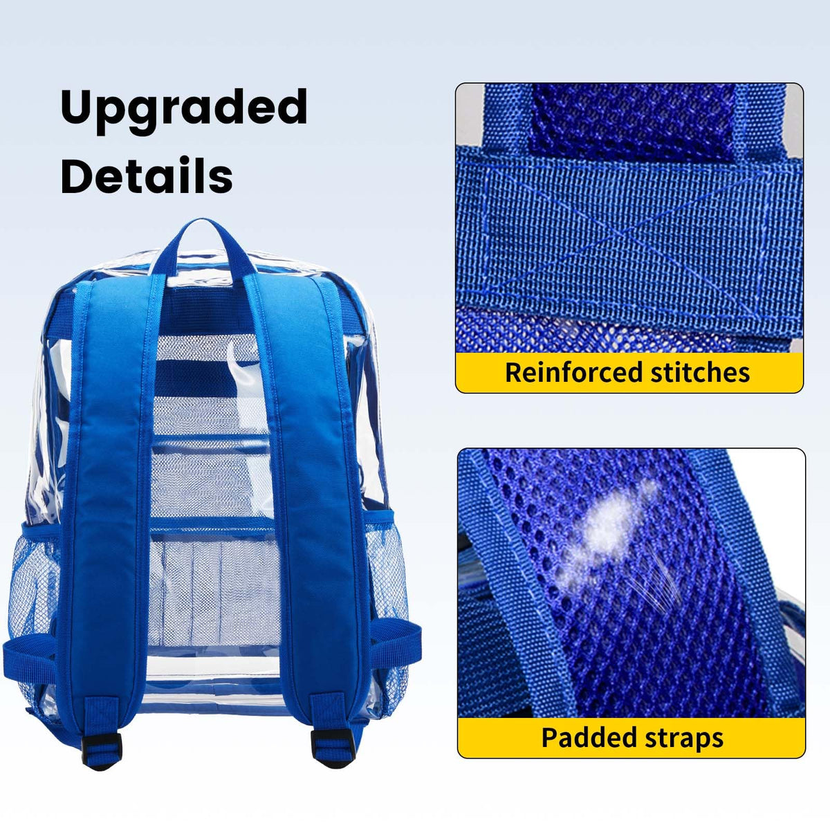 Vorspack Clear Backpack Heavy Duty PVC Transparent Backpack with Reinforced Strap Stitches & Large Capacity for College Workplace Security -Blue