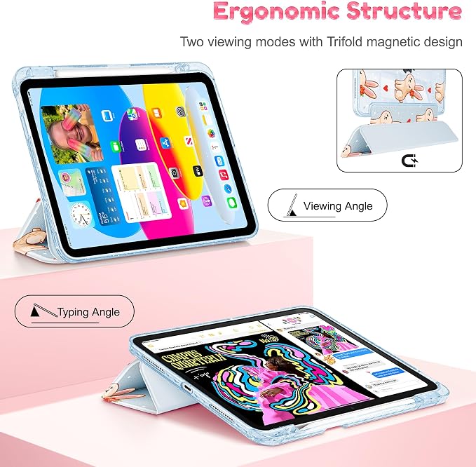 for iPad Air 11 inch M4/M3/M2 (2026/2025/2024) iPad Air 5th/4th Gen (2022/2020) 10.9 inch with Pencil Holder Glitter Clear Pretevtive Cover Auto Wake/Sleep Black Cartoon Stickers