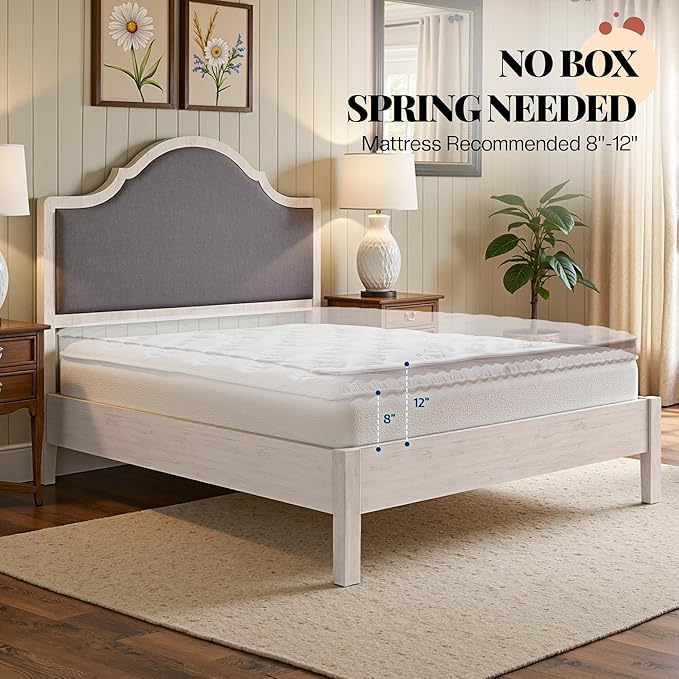 Jocisland King Size Bed Frame with Tall Upholstered Curved Headboard, Solid Wood Platform Bed, No Box Spring Needed, Wood Slat Support, Easy Assembly, White
