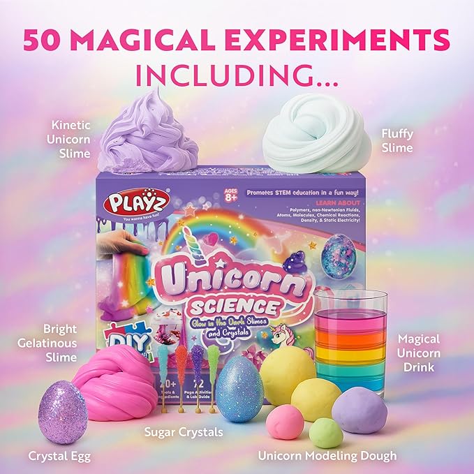 Playz Unicorn Slime & Crystals 100+ Science Experiments Kit Gift for Girls & Boys to Make Glow in The Dark Unicorn Poop, Snot, Fluffy Slime, Crystals, Putty, Arts & Crafts for Kids Age 8-12
