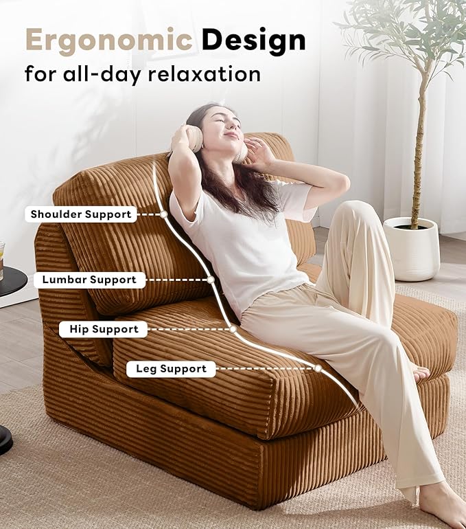 Tbfit Folding Sofa Bed, Convertible Sleeper Chair with Large Pillow, Corduroy Folding Couch Bed, Portable & Foldable Mattress Boneless Floor Sofa for Living Room, Bedroom, Office, Brown, Single