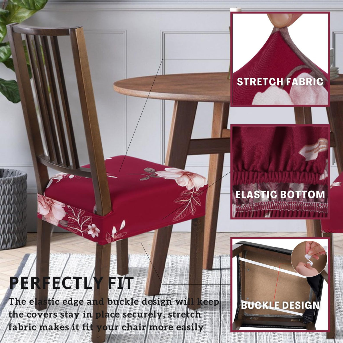 SearchI Stretch Dining Chair seat Covers Set of 6, Soft Removable Washable seat Covers for Dining Chairs, Dining Room seat Cover Protector (Rear-Covered, Red)