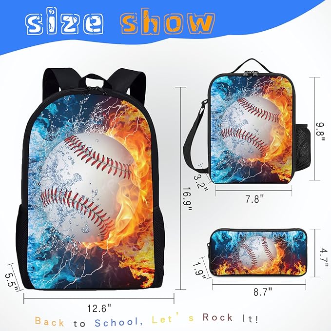 3PCS Baseball Backpack Set for Boys, Lightweight Large Backpack with Lunch Box & Pencil Case, Cool Sport Bookbag for Kids, Back to School Backpacks for Elementary & Middle School - 02