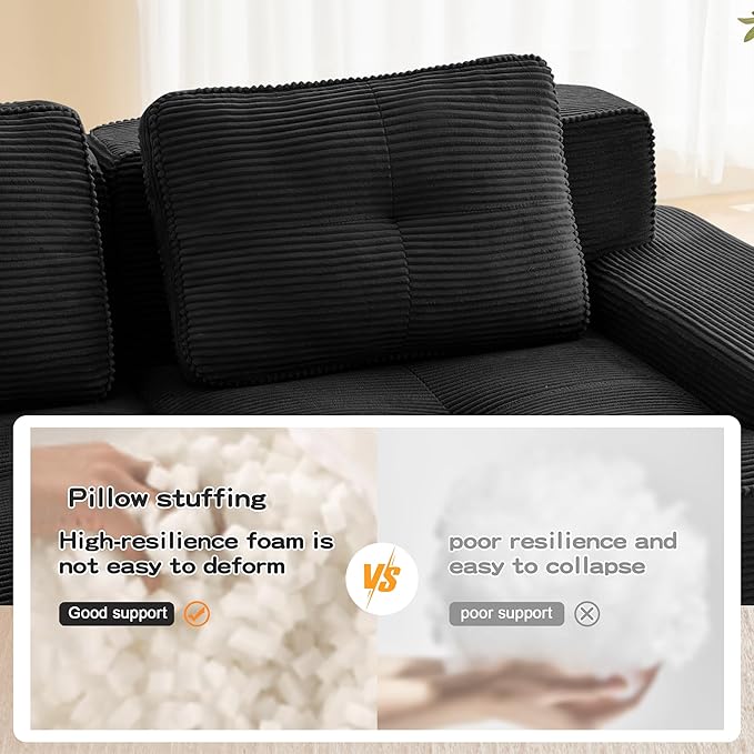115.3'' Sectional Sofa, 32D Foam Corduroy Boneless Couch with Pillow, Deep Seat Wide Arm Sectional U Shaped Couch for Living Room, Apartment, Bedroom