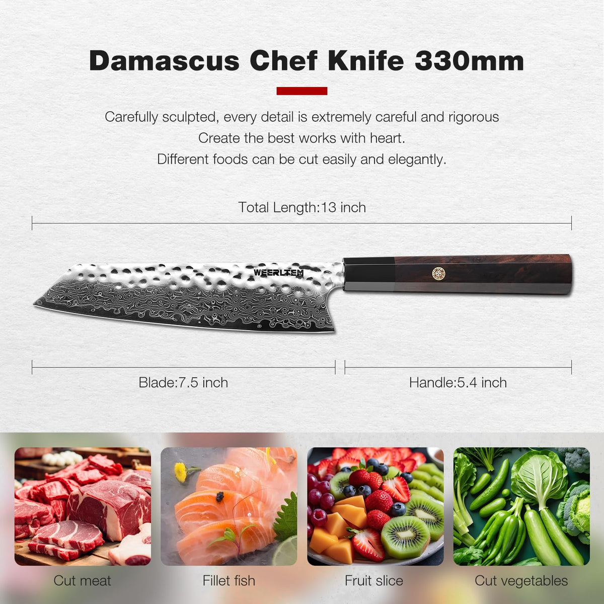 WEERLTEM Kiritsuke Chef Knife 8 Inch, Hand-forged 67-Layer VG10 High Carbon Steel Japanese Damascus Chef Knife, Ultra Sharp Hammered Damascus Chef Knife with Octagonal Ebony Handle & Gift Box