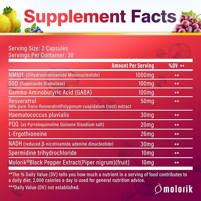 NMNH (Dihydronicotinamide Mononucleotide), 1000mg Per Serving NAD High Purity Supplement Alternative, Capsules Gluten Free, Non-GMO, for Anti-Aging, Energy, Focus - 054