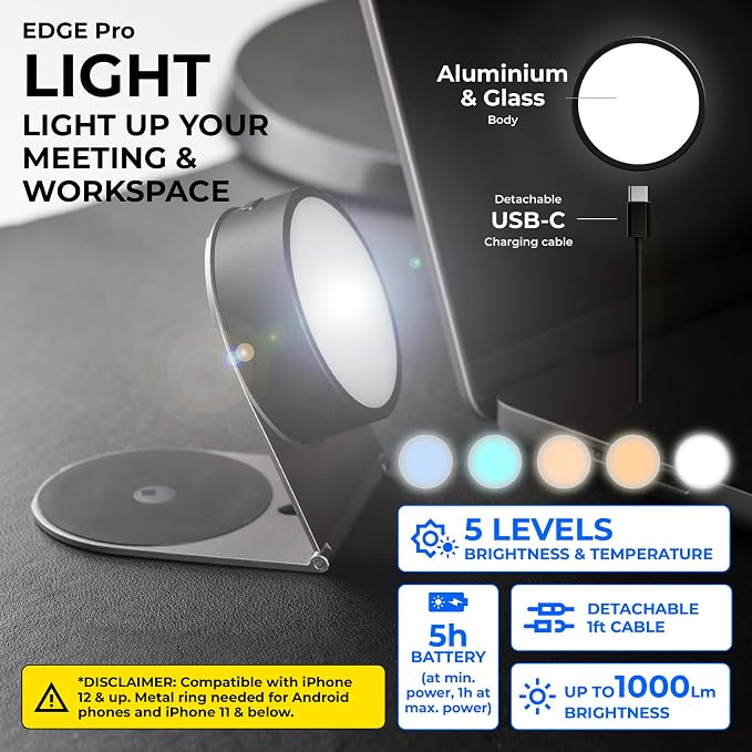 Rolling Square Edge Pro Full Kit - Mount for Mobile Magnetic Phone Holder Stand &amp Wireless Charger 1000 Lumen Light Black