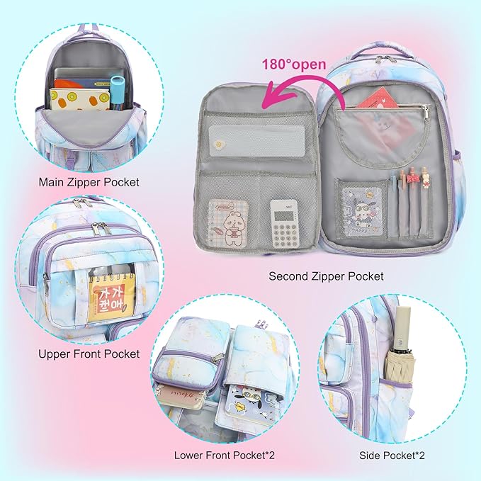 School Backpack for Girls 3Pcs Set Elementary Middle School Book Bags with Lunch Box Pencil Case