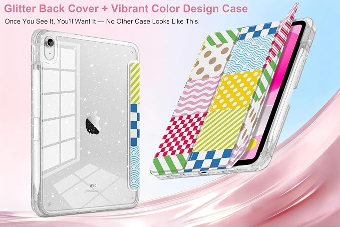 MEEgoodo Case for iPad A16 11th Generation 2025/10th Generation 2022 Glitter Tablet Cases with Transparent Acrylic Back+Trifold Stand +Pencil Holder+Auto Wake/SleepAbstract Sun &amp Palm Tree
