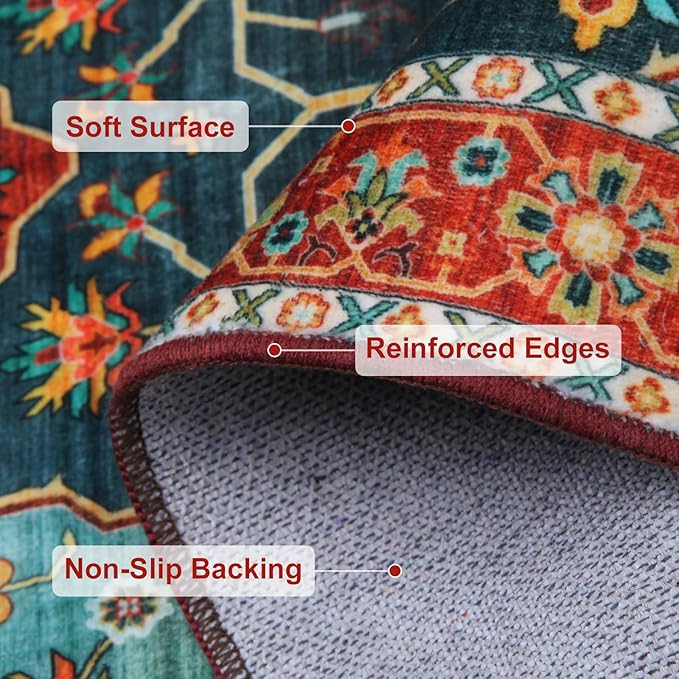 WILLSUN Washable Area Rugs, 3x5 Non-Slip Boho Large Area Rugs for Living Room, Bedroom, Machine Washable Vintage Rug, Indoor Floral Print Carpet for Home Decor, Kid & Pet Friendly Mat