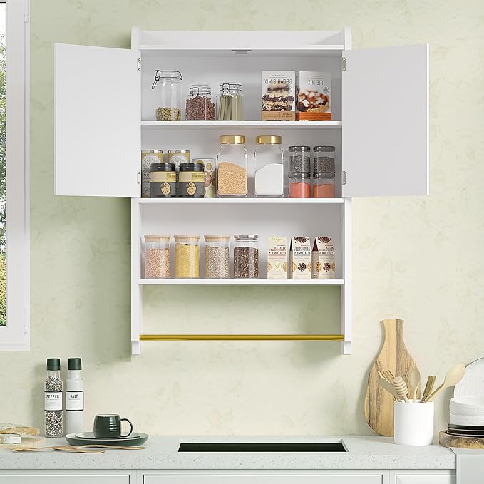 VECELO Bathroom Wall Cabinet, Wall Mounted Medicine Cabinet, Space Saver Storage Cabinet with Towel Bar for Bathroom Laundry Room Kitchen