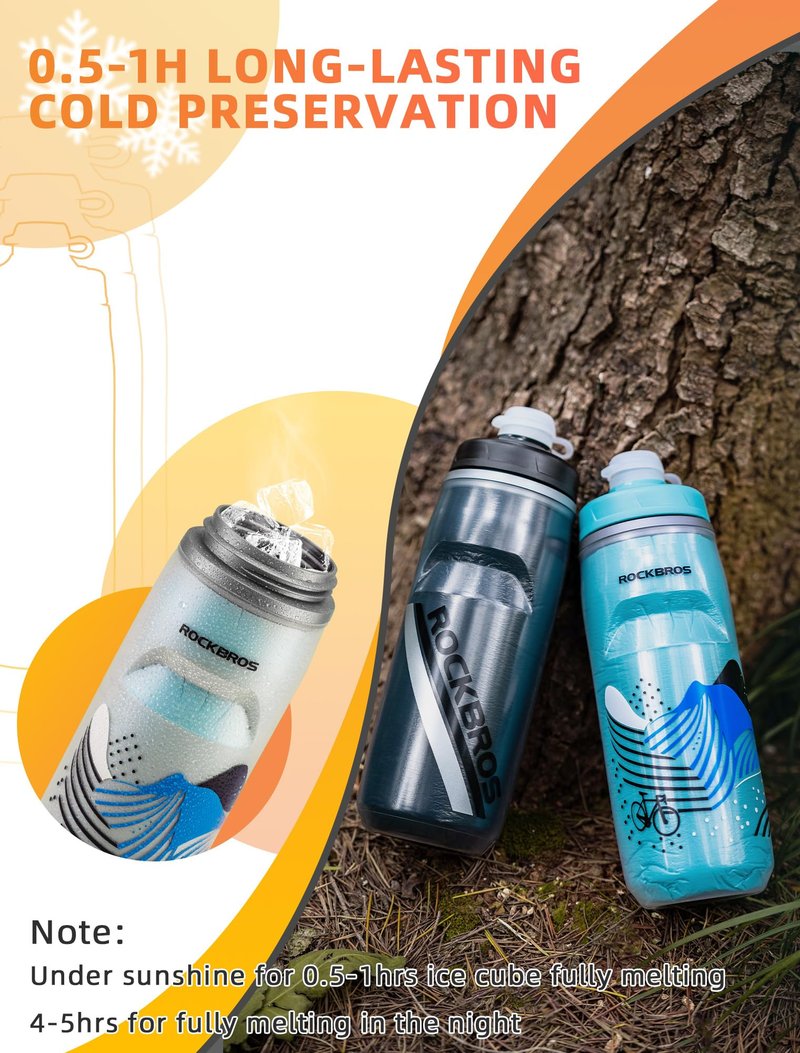 ROCKBROS Bike Water Bottle 21oz Bicycle Water Bottle for 5hrs Insulation Sports Squeeze Water Bottle with Leakproof Design