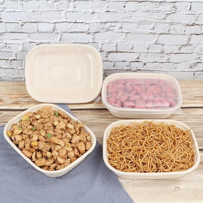 35oz Disposable salad bowls with lids, Sugarcane Fiber Paper Bowls take away food containers meal prep deli container 50 Pack