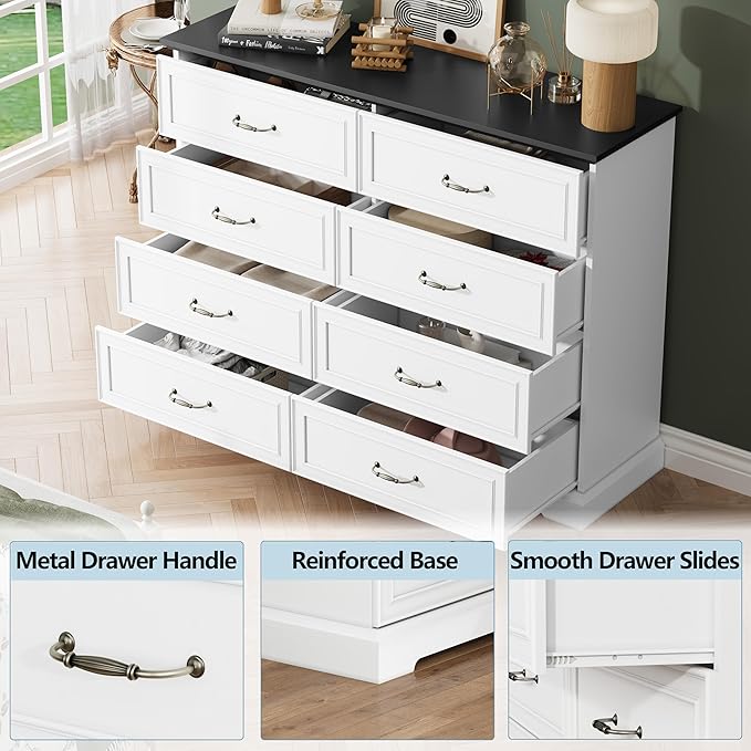 8 Drawer Dresser for Bedroom, 53" Wide Wooden Chest of Drawers, Rustic Farmhouse Dresser with Large Drawers & Metal Handles, Modern Storage Organizer for Closet, Living Room, Hallway, White